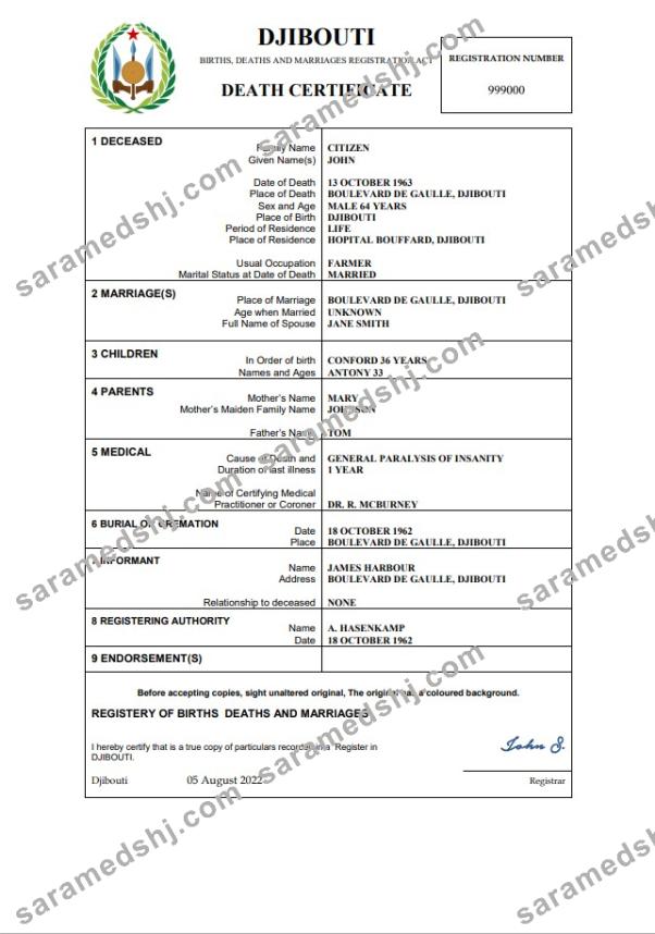 Djibouti death certificate Word and PDF template